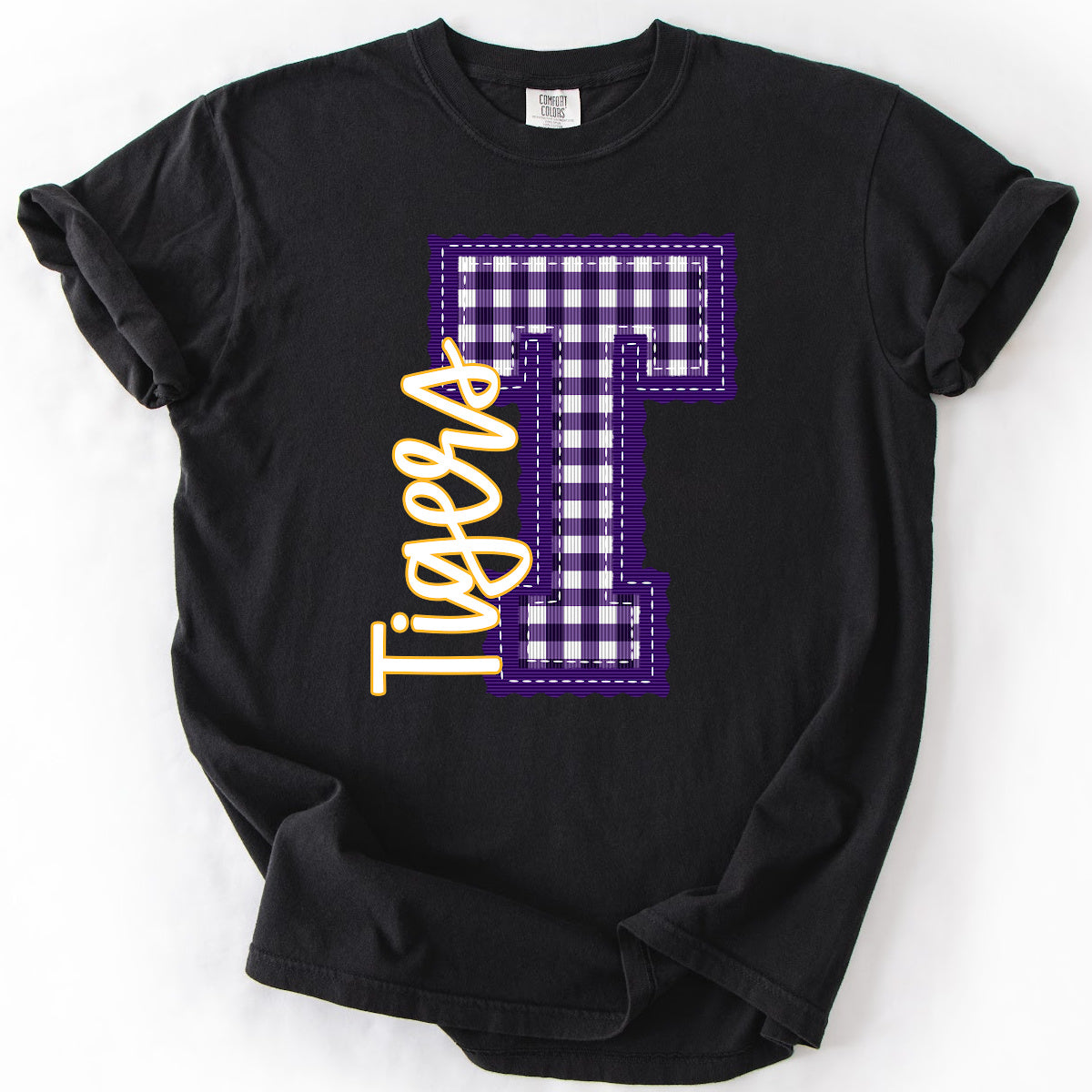Gingham Letter T tigers Comfort Color Black