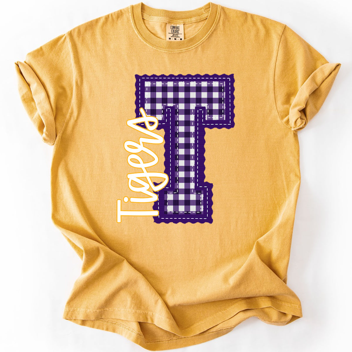 Gingham Letter T tigers Comfort Color Mustard